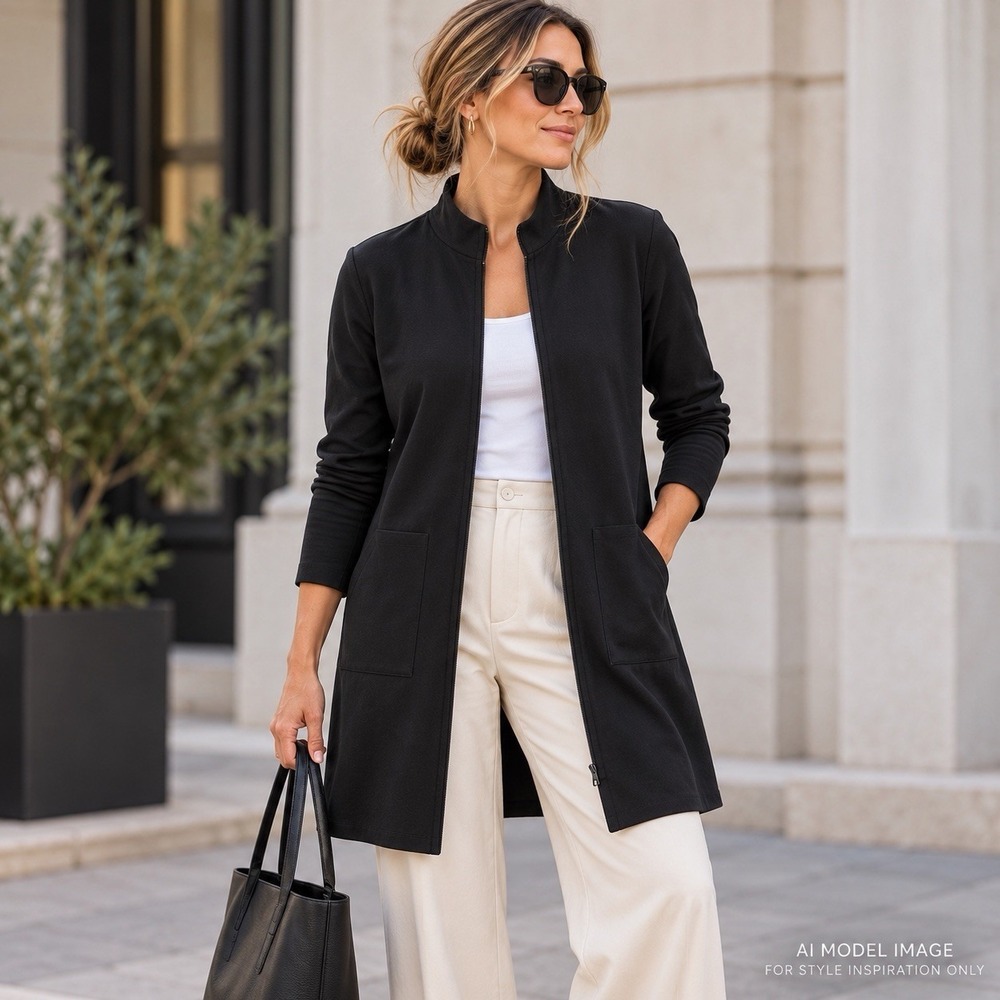 Eileen Fisher Washable Stretch Crepe Jacket Womens M Black Longline Zip USA